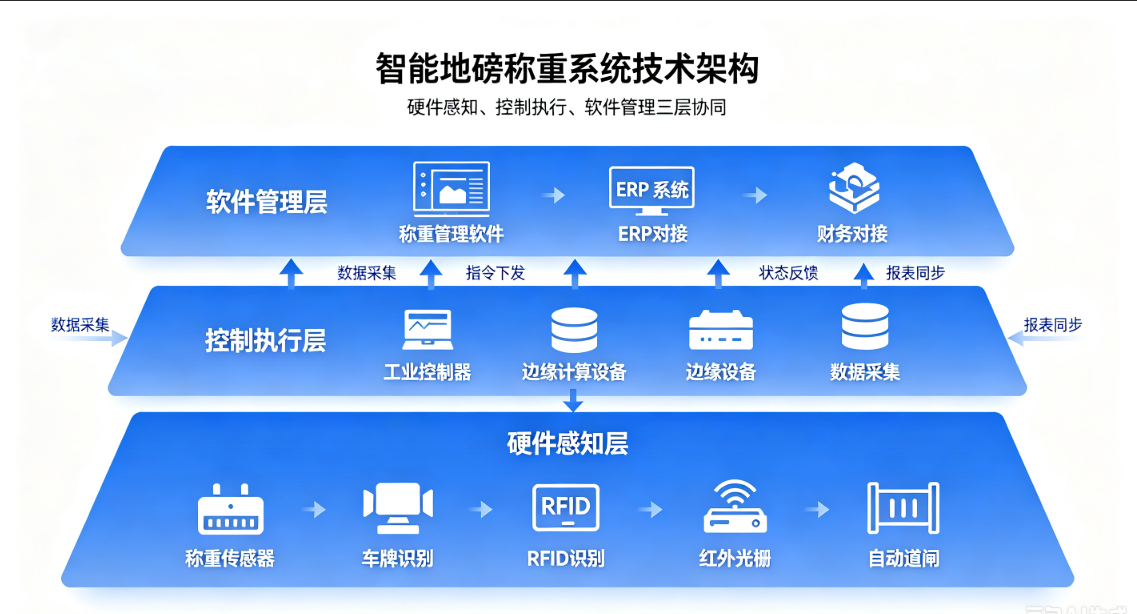 智能地磅称重系统三层技术架构示意图 智能地磅称重系统三层技术架构示意图