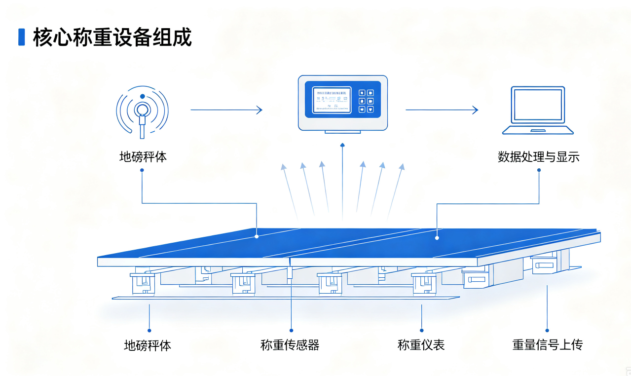 智能地磅称重系统核心设备构成示意图 智能地磅称重系统核心设备构成示意图