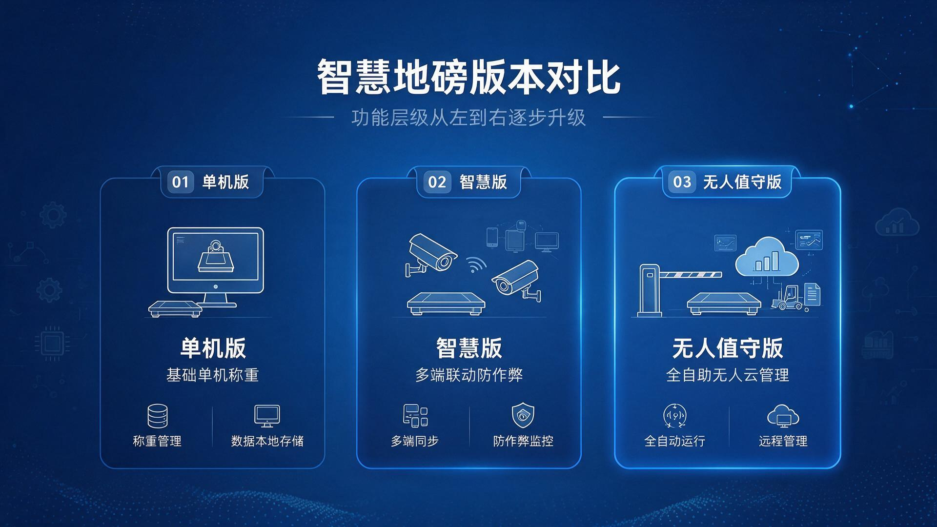 无人值守地磅系统三个软件版本对比示意图
